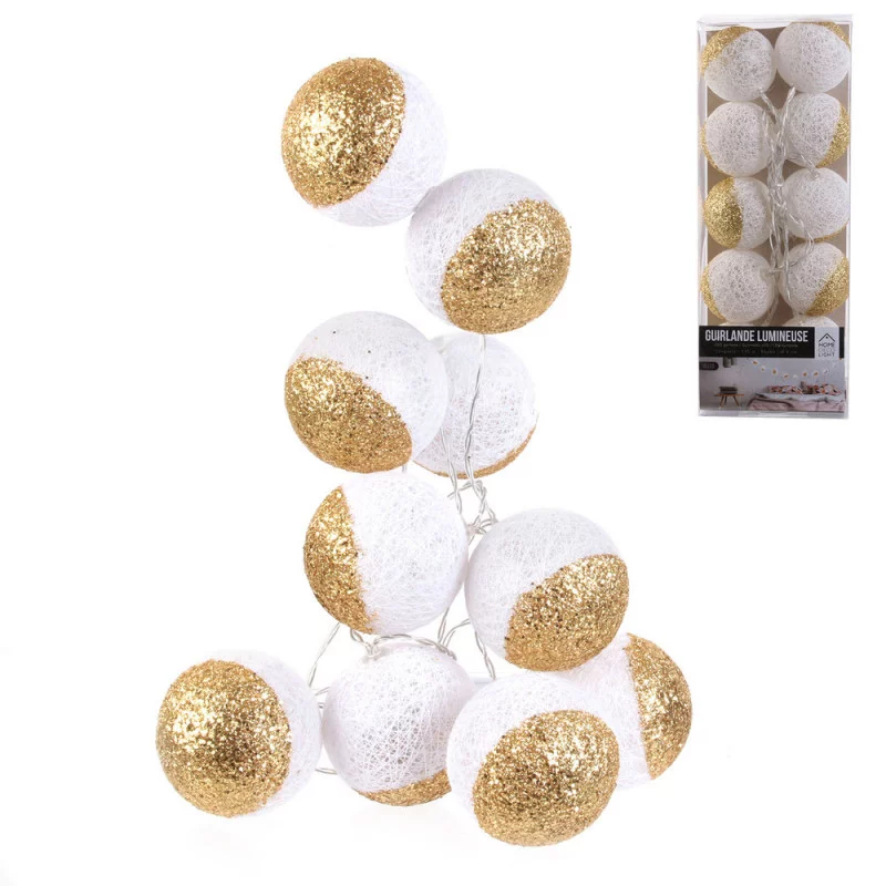 GUIRLANDE BOULE 10LED BLANC GLITTER OR 6