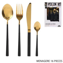 MÉNAGÈRE 16 PIÈCES DORÉ AVEC MANCHE NOIR