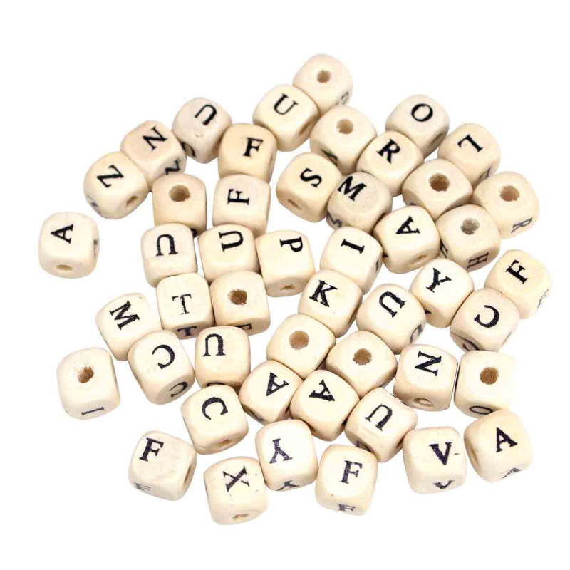 PERLES BOIS LETTRES CARRÉES 1 CM X102 PC