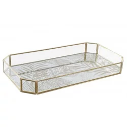 PLATEAU FEUILLES OR VERRE ET METAL DORE