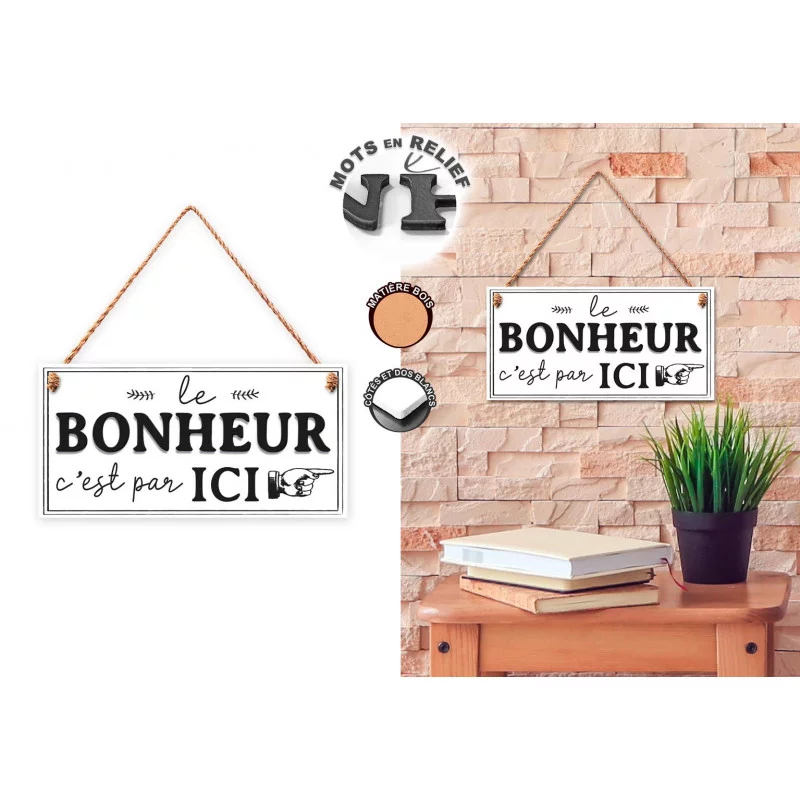 PLAQUE BOIS LE BONHEUR 20X10CMS