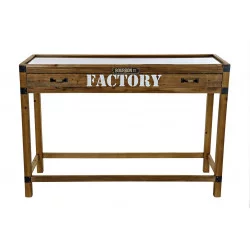 CONSOLE INDUSTRIELLE EN BOIS, MÉTAL ET VERRE "FACTORY" 120x47x82.5cm