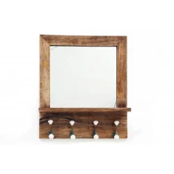 MIROIR EN MANGUIER AVEC 1 ÉTAGÈRE ET 4 PATÈRES EN PORCELAINE