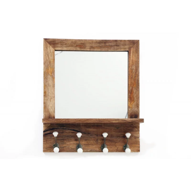 MIROIR EN MANGUIER AVEC 1 ÉTAGÈRE ET 4 PATÈRES EN PORCELAINE MIROIR EN MANGUIER AVEC 1 ÉTAGÈRE ET 4 PATÈRES EN PORCELAINE