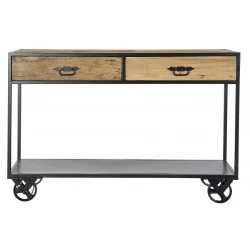 CONSOLE EN BOIS RECYCLE SUR ROUES 120X40