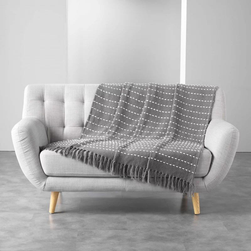 PLAID A FRANGES CAYENNE GRIS 125x150CM