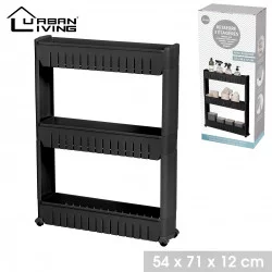 MEUBLE NOIR 3 ETAGERES SUR ROULETTES 54X