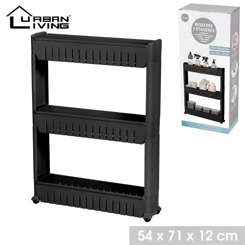 MEUBLE NOIR 3 ETAGERES SUR ROULETTES 54X