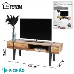 MEUBLE TV BRAMS AVEC TIROIR ET TRÉPIED NOIR BOIS VIEILLI MDF L140Xl40XH50cm