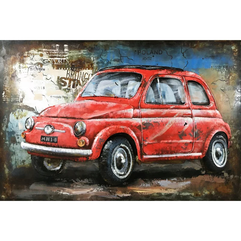 CADRE EN MÉTAL AVEC RELIEF FIAT ROUGE VINTAGE 120x80cm