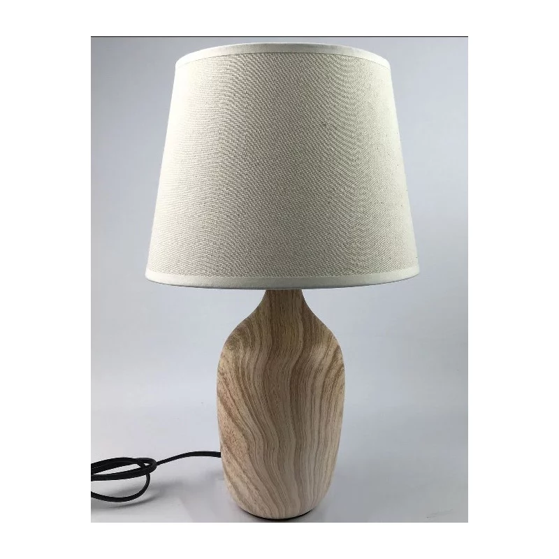 LAMPE CÉRAMIQUE EFFET BOIS AVEC ABAT JOUR ÉCRU STYLE LIN H40cm