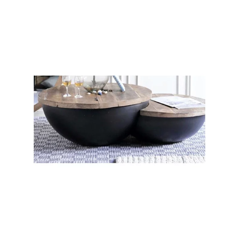 TABLE BASSE DOUBLE PLATEAUX BOMBE NOIR 1