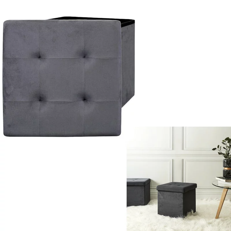 COFFRE POUF PLIABLE SUEDINE GRIS FONCE