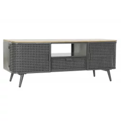 MEUBLE TV RÉTRO CANNAGE EN MÉTAL GRIS ET BOIS 118x41x45cm