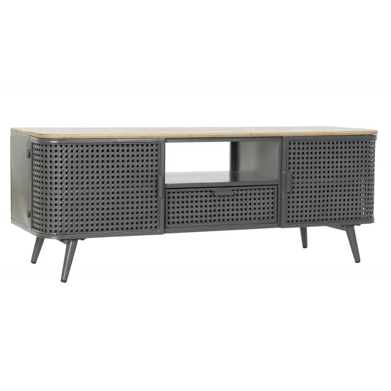 MEUBLE TV RÉTRO CANNAGE EN MÉTAL GRIS ET BOIS 118x41x45cm