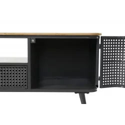 MEUBLE TV RÉTRO CANNAGE EN MÉTAL GRIS ET BOIS 118x41x45cm
