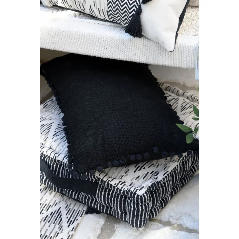Coussin Noir Rectangulaire 50x70cm Avec 4 Pompons Jute - 100% Coton OEKO-TEX Panama