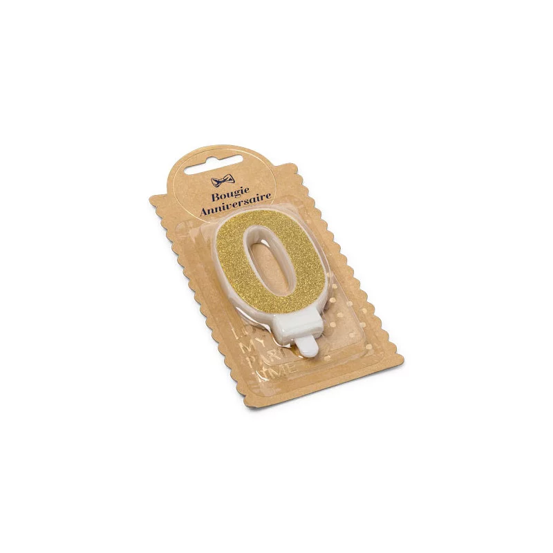 BOUGIE CHIFFRE 0 PAILLETTES OR 7.3CM AV