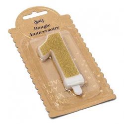BOUGIE CHIFFRE 1 PAILLETTES OR 7.3CM AV