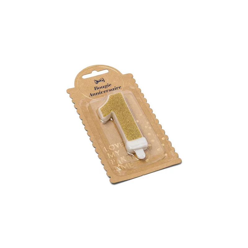 BOUGIE CHIFFRE 1 PAILLETTES OR 7.3CM AV