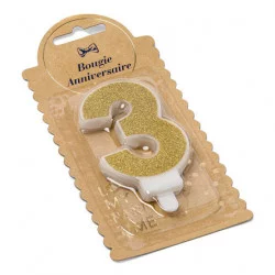 BOUGIE CHIFFRE 3 PAILLETTES OR 7.3CM AV