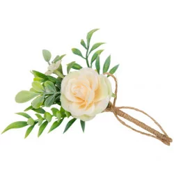 BOUQUET DÉCORATIF FEUILLAGE ET ROSE NUDE 15cm