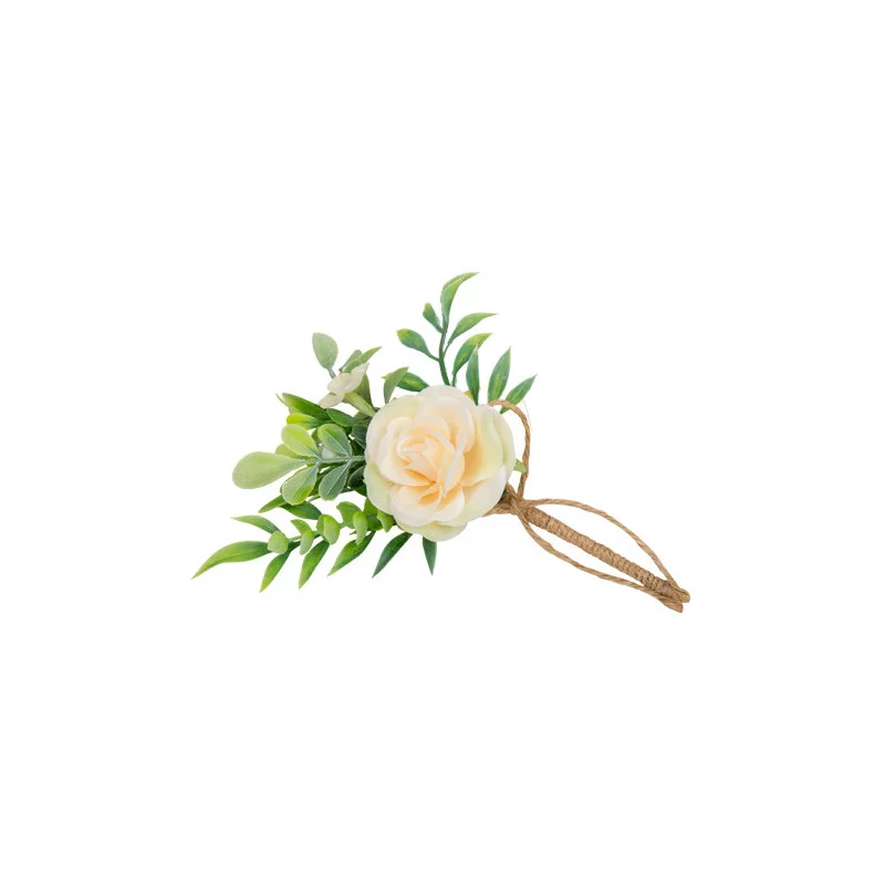 BOUQUET DÉCORATIF FEUILLAGE ET ROSE NUDE 15cm