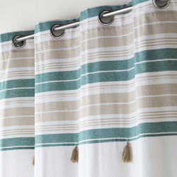 RIDEAU NATURALINE BLEU 140x240CM COTON UNI+TOP IMPRIME+POMPONS