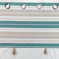 RIDEAU NATURALINE BLEU 140x240CM COTON UNI+TOP IMPRIME+POMPONS