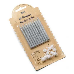10 BOUGIES ARGENT PAILLETEES 6cm
