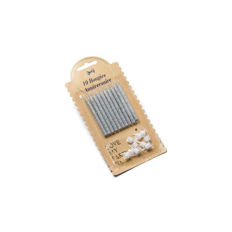 10 BOUGIES ARGENT PAILLETEES 6cm