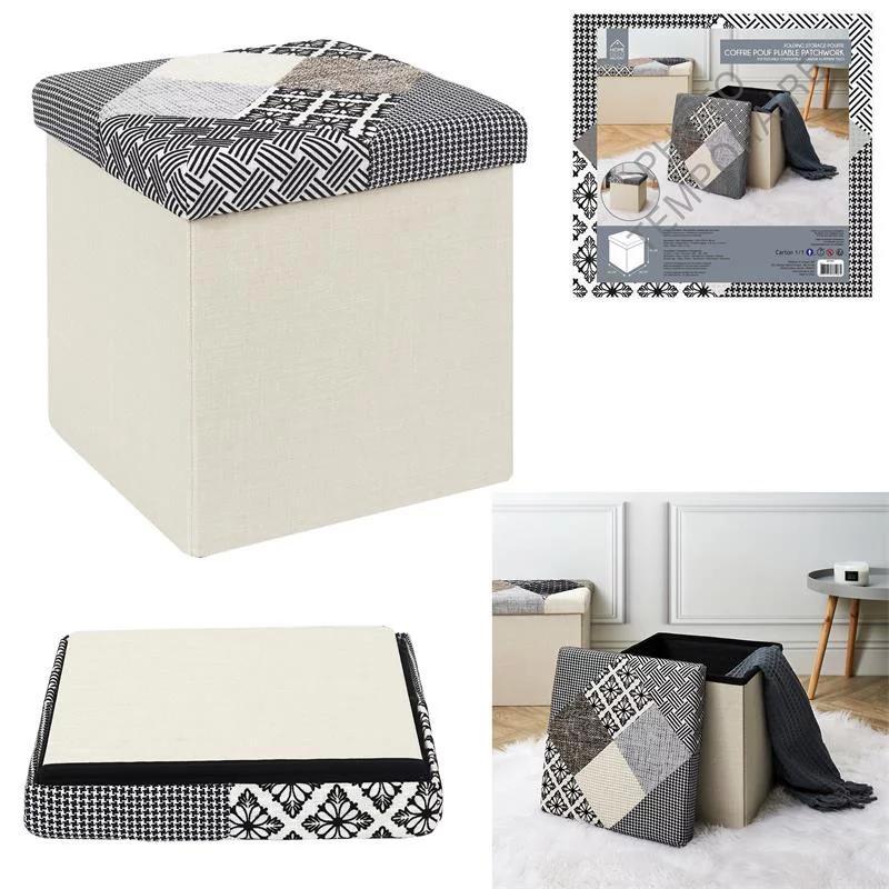 COFFRE POUF PLIABLE PATCHWORK GRIS