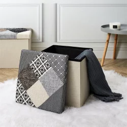 COFFRE POUF PLIABLE PATCHWORK GRIS
