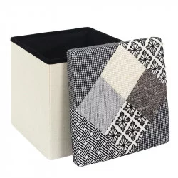 COFFRE POUF PLIABLE PATCHWORK GRIS 38x38x38cm