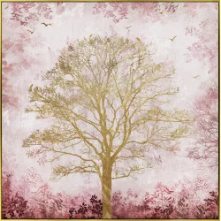 CADRE TOILE ARBRE DE VIE DORÉ FOND ROSE 80x80cm