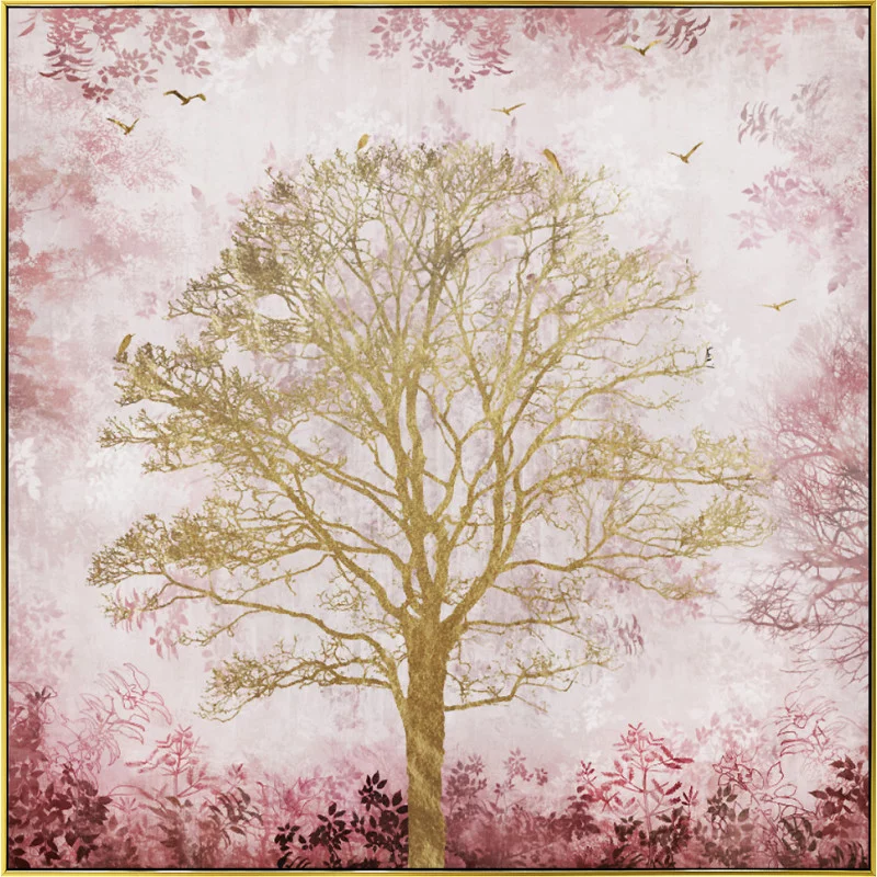 CADRE TOILE ARBRE DE VIE DORÉ FOND ROSE 80x80cm
