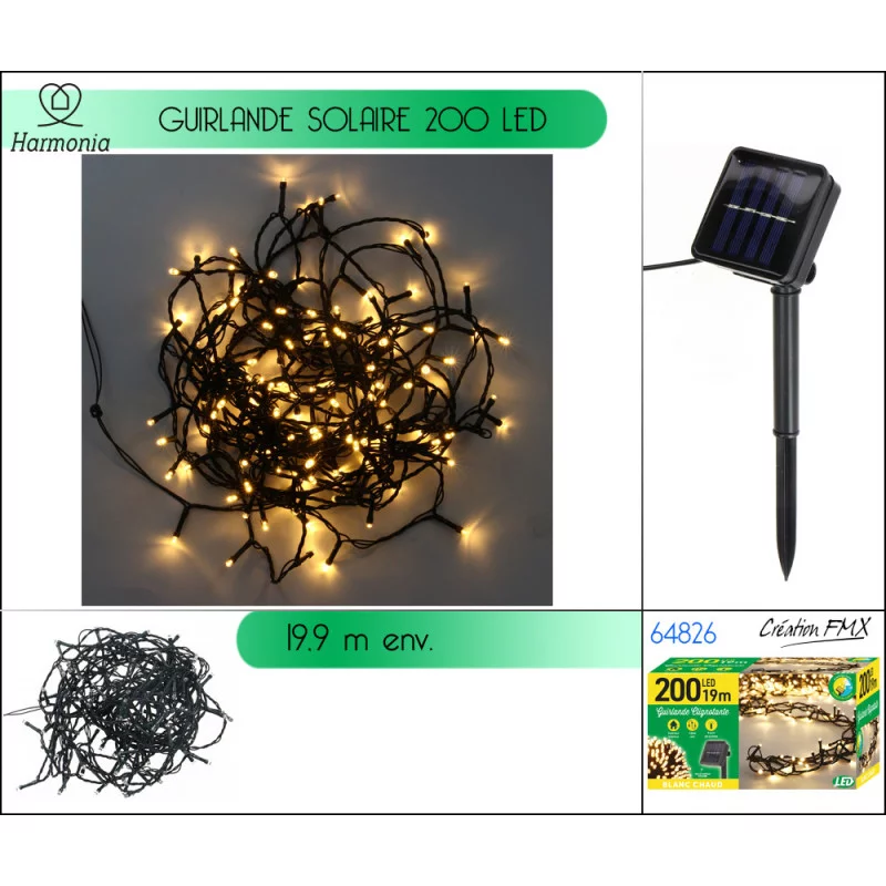 GUIRLANDE SOLAIRE 200 LED BLANC CHAUD -