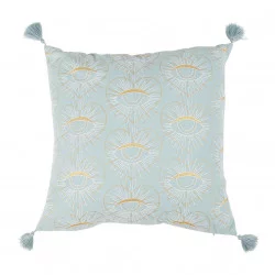 HOUSSE DE COUSSIN YEUX VELOURS AVEC POMPONS BLEU ET DORÉ