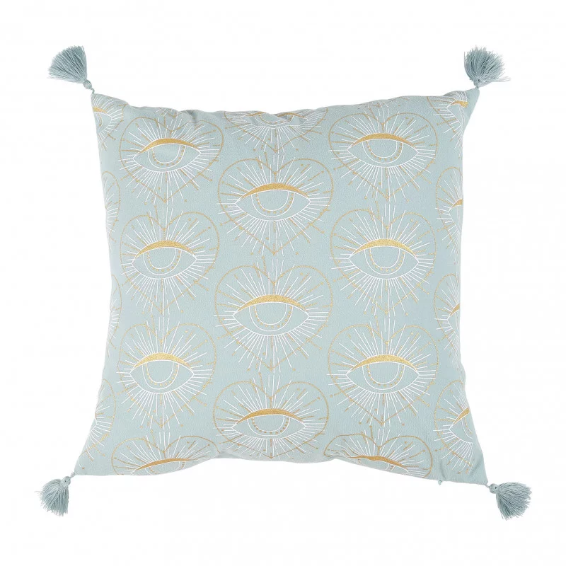 HOUSSE DE COUSSIN YEUX VELOURS AVEC POMPONS BLEU ET DORÉ