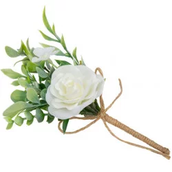 BOUQUET FEUILLAGES ET ROSE BLANCHE 15CM