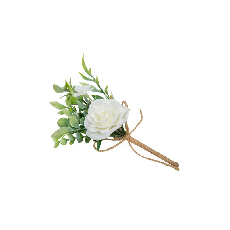 BOUQUET FEUILLAGES ET ROSE BLANCHE 15CM
