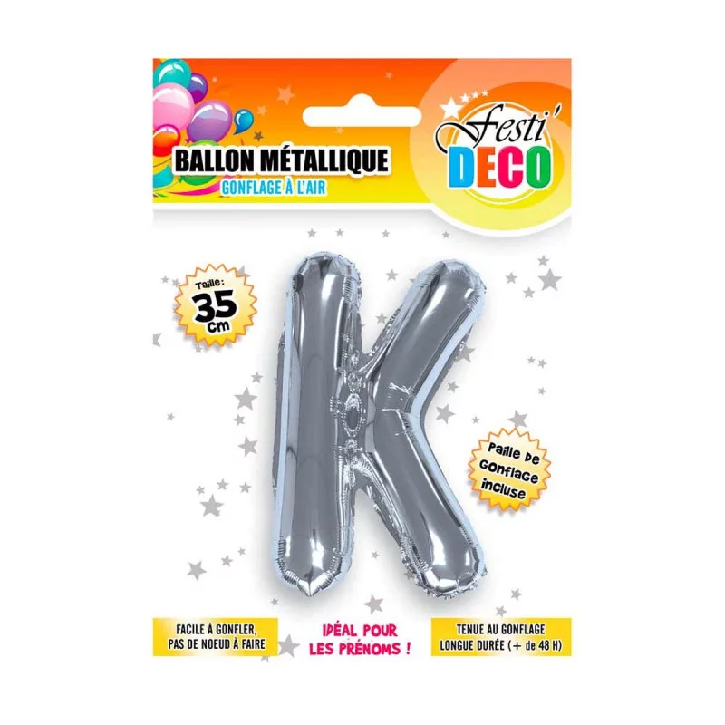 BALLON LETTRE K MÉTALLIQUE ARGENT H35cm