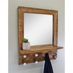 MIROIR EN MANGUIER AVEC 1 ÉTAGÈRE ET 4 PATÈRES EN PORCELAINE