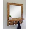 MIROIR EN MANGUIER AVEC 1 ÉTAGÈRE ET 4 PATÈRES EN PORCELAINE