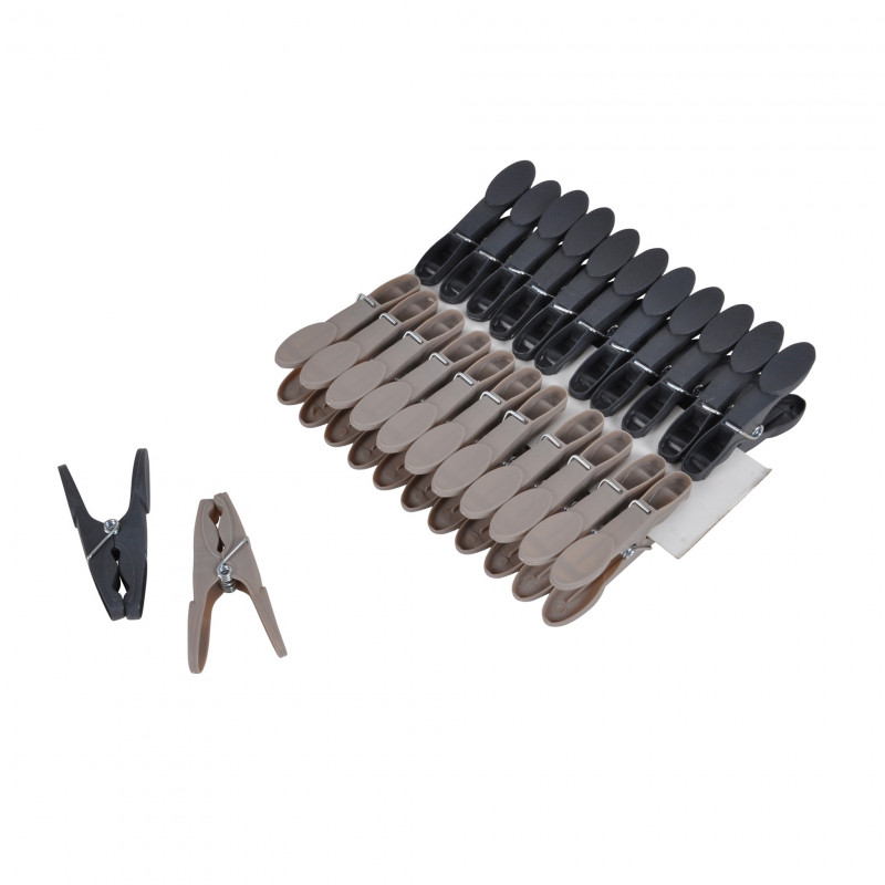 SET DE 24 PINCES À LINGE RONDES PLASTIQUE ANTHRACITE ET TAUPE