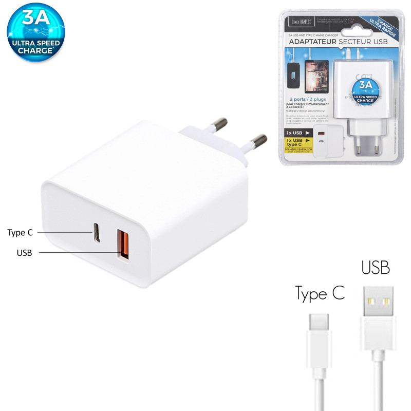 ADAPTEUR SECTEUR USB + TYPE C 3A