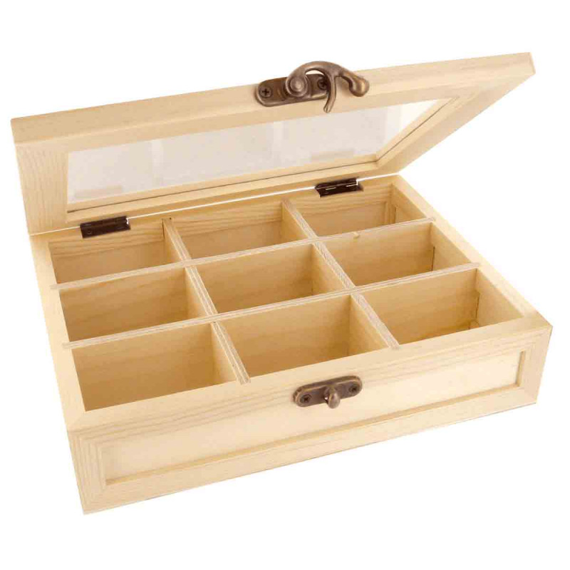 BOITE BOIS 9 COMPARTIMENTS 21,5x18,5x4,5