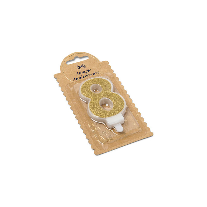 BOUGIE ANNIVERSAIRE 8 PAILLETTÉ OR 7.3cm