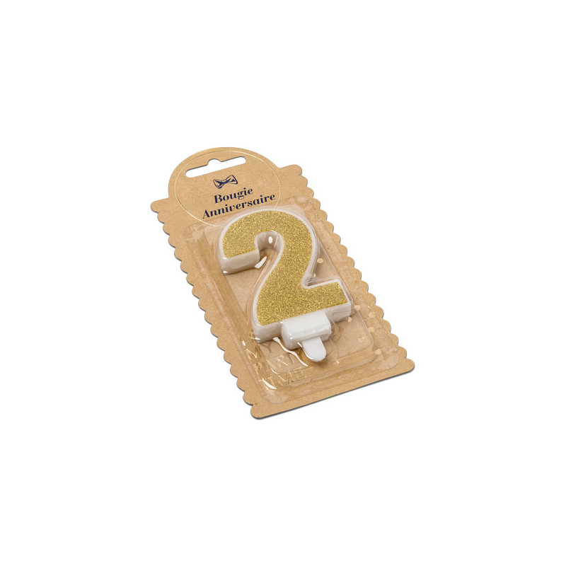 BOUGIE CHIFFRE 2 PAILLETTES OR 7.3CM AV