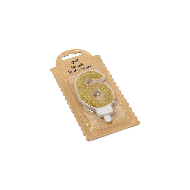 BOUGIE CHIFFRE 6 PAILLETTES OR 7.3CM AV